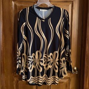 BaiShengGT  Black Top with Gold Floral Wave Print